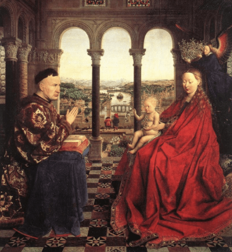 Jan van Eyck: La Marededéu del canceller Rolin, 1435. Oli sobre taula. 66 x 62 cm. Musée du Louvre, París.